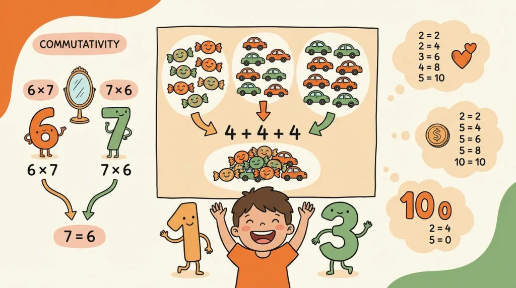 Enfant souriant apprenant les tables de multiplication avec des jetons colorés
