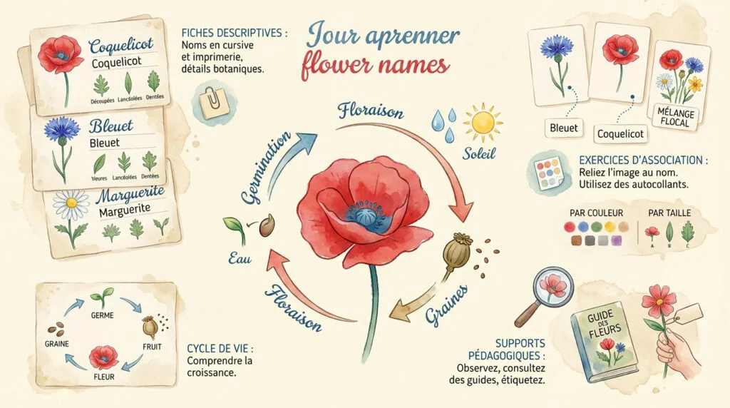Infographie pédagogique pour apprendre le nom des fleurs des champs aux enfants