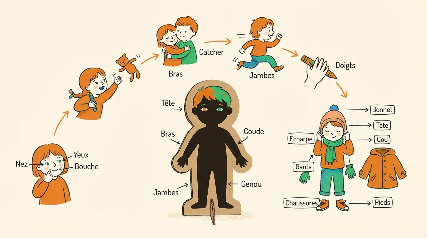 Illustration éducative des parties du corps humain (tête, bras, jambes, etc.), de leurs fonctions et des vêtements pour enfants.