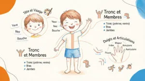 Illustration pédagogique du corps humain pour enfants, avec un garçon et des étiquettes pour la tête, le tronc, les membres et les doigts.