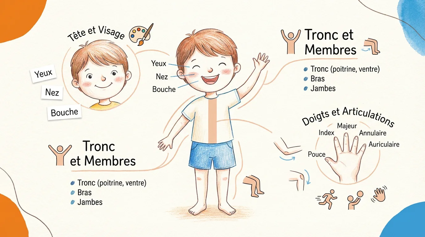Illustration pédagogique du corps humain pour enfants, avec un garçon et des étiquettes pour la tête, le tronc, les membres et les doigts.