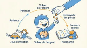 Infographie sur l'argent de poche: un enfant découvre les pièces, la patience pour épargner, et développe son autonomie financière.