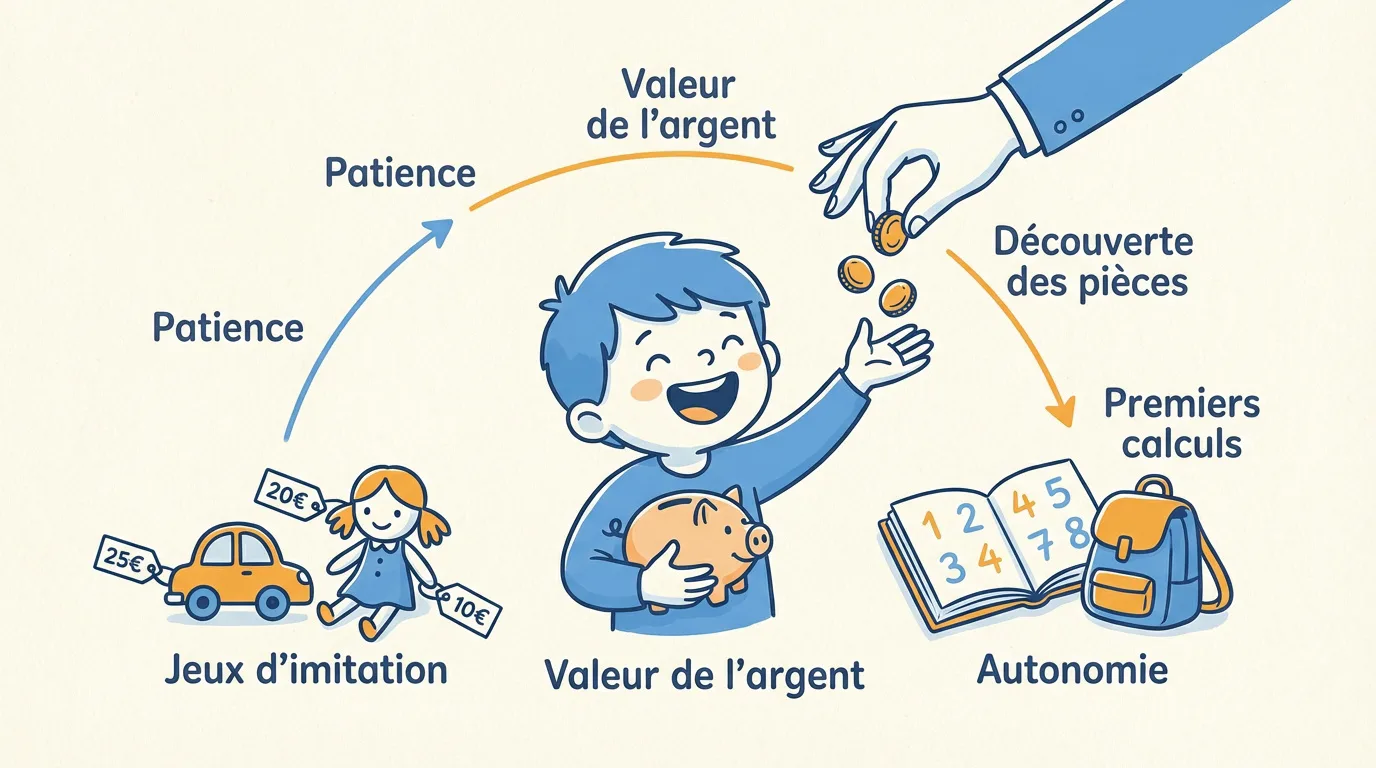 Infographie sur l'argent de poche: un enfant découvre les pièces, la patience pour épargner, et développe son autonomie financière.