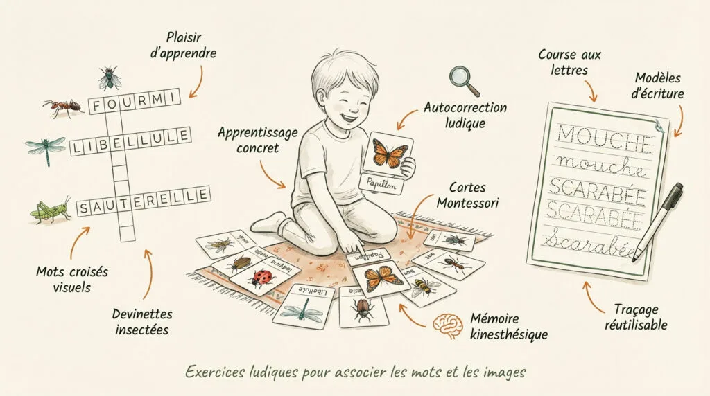 Enfants manipulant des fiches illustrées sur les insectes du jardin