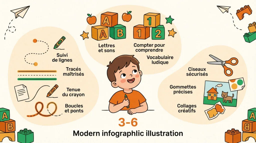 Enfant de maternelle s'exerçant au graphisme et à l'écriture avec un cahier d'activités