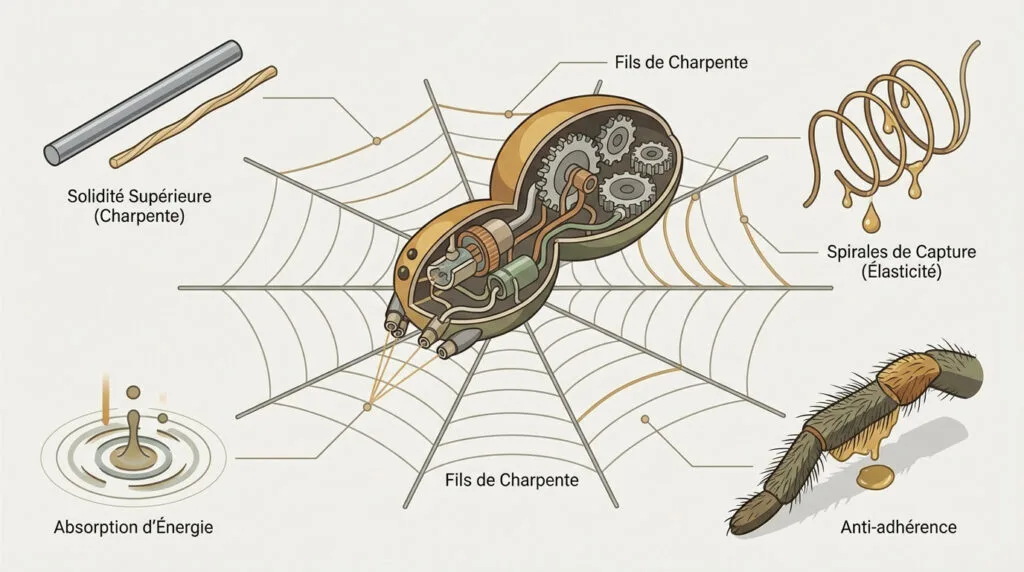 Schéma détaillé de l'anatomie d'une araignée et des propriétés de sa soie