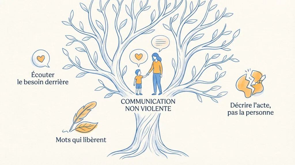 Illustration de la communication bienveillante entre un parent et son enfant pour renforcer la confiance