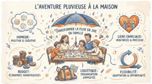 Illustration joyeuse d'une famille jouant à un jeu de société sous un parapluie. Met en avant humeur, liens, budget, logistique, flexibilité.