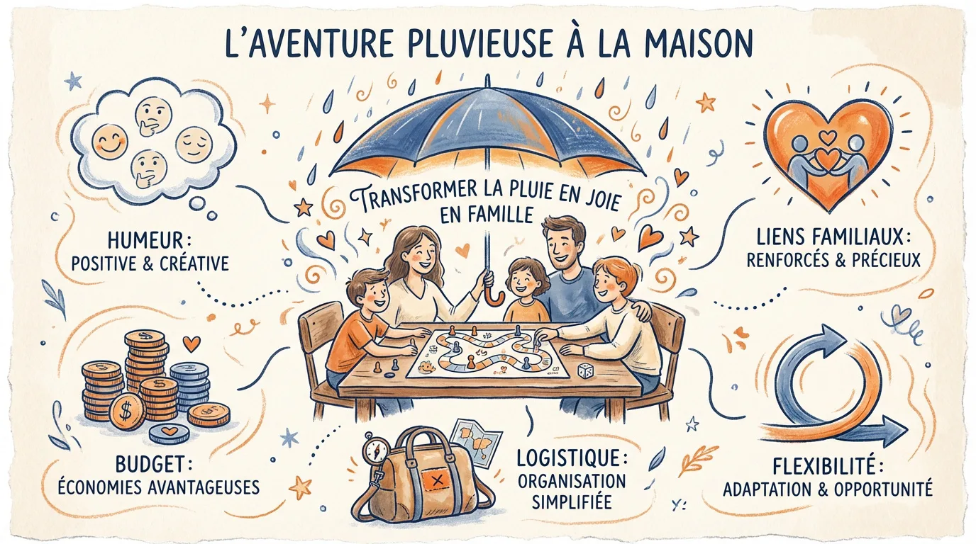 Illustration joyeuse d'une famille jouant à un jeu de société sous un parapluie. Met en avant humeur, liens, budget, logistique, flexibilité.