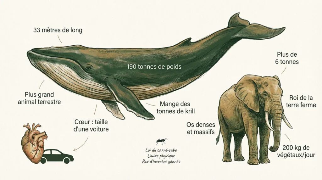 Comparaison de taille entre une baleine bleue et un éléphant d'Afrique