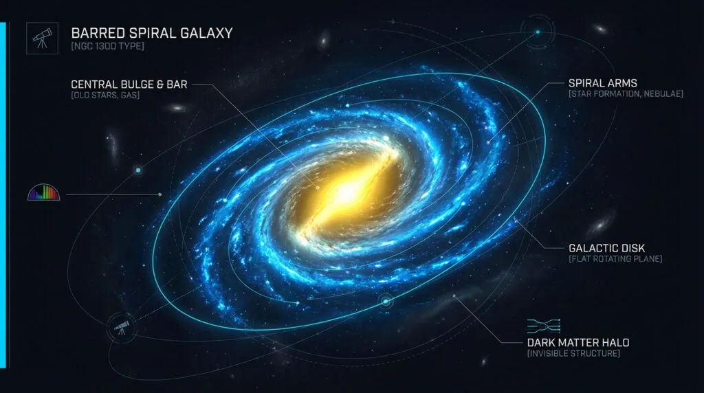 Représentation d'une galaxie spirale barrée avec ses bras lumineux et son centre dense