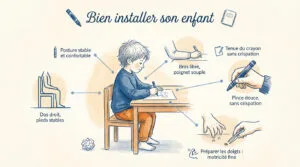 Schéma montrant un enfant écrivant et des conseils clés : posture, bras libre, tenue douce du crayon et exercices de motricité fine.