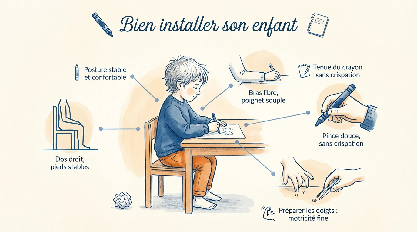 Schéma montrant un enfant écrivant et des conseils clés : posture, bras libre, tenue douce du crayon et exercices de motricité fine.