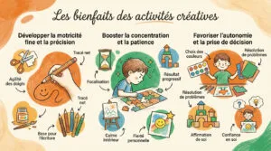 Infographie illustrant les bienfaits des activités créatives pour enfants : motricité fine, concentration, patience, autonomie.