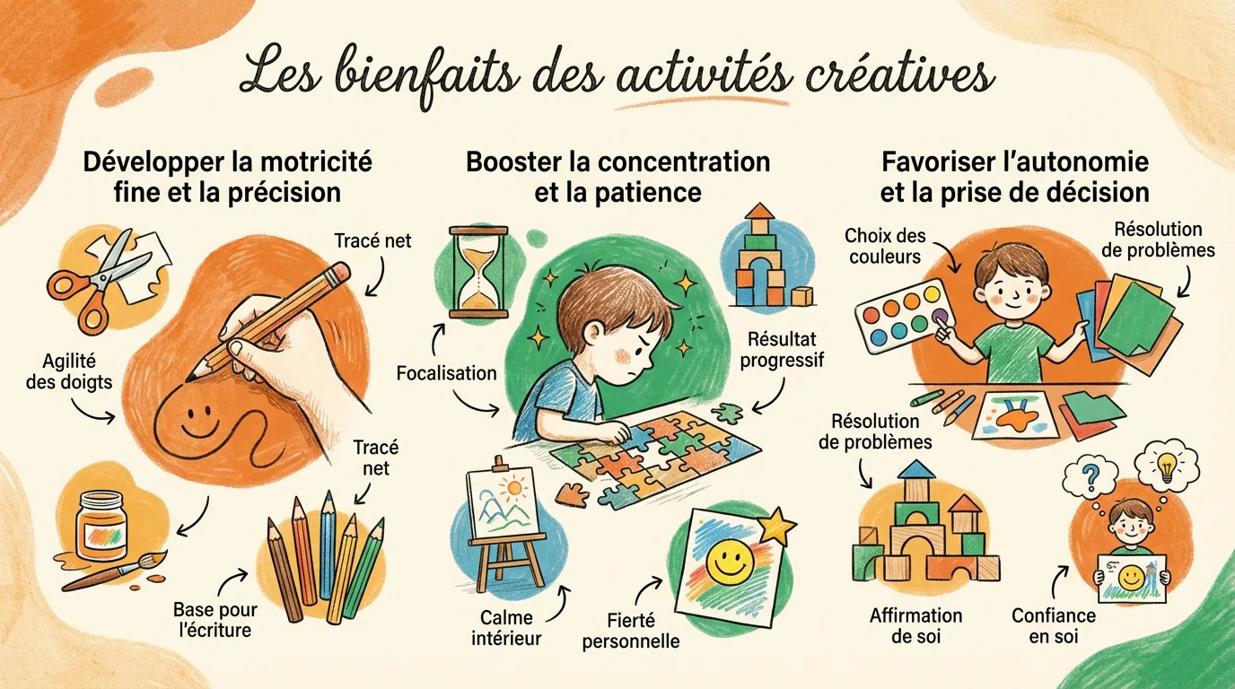 Infographie illustrant les bienfaits des activités créatives pour enfants : motricité fine, concentration, patience, autonomie.