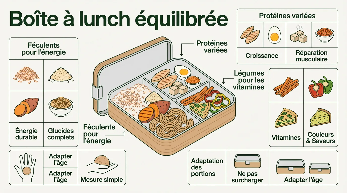 Infographie d'une boîte à lunch équilibrée, illustrant riz, patate douce, pâtes, poulet, œuf, tofu, légumes, quiche. Inclut conseils de portions adaptées à l'âge.