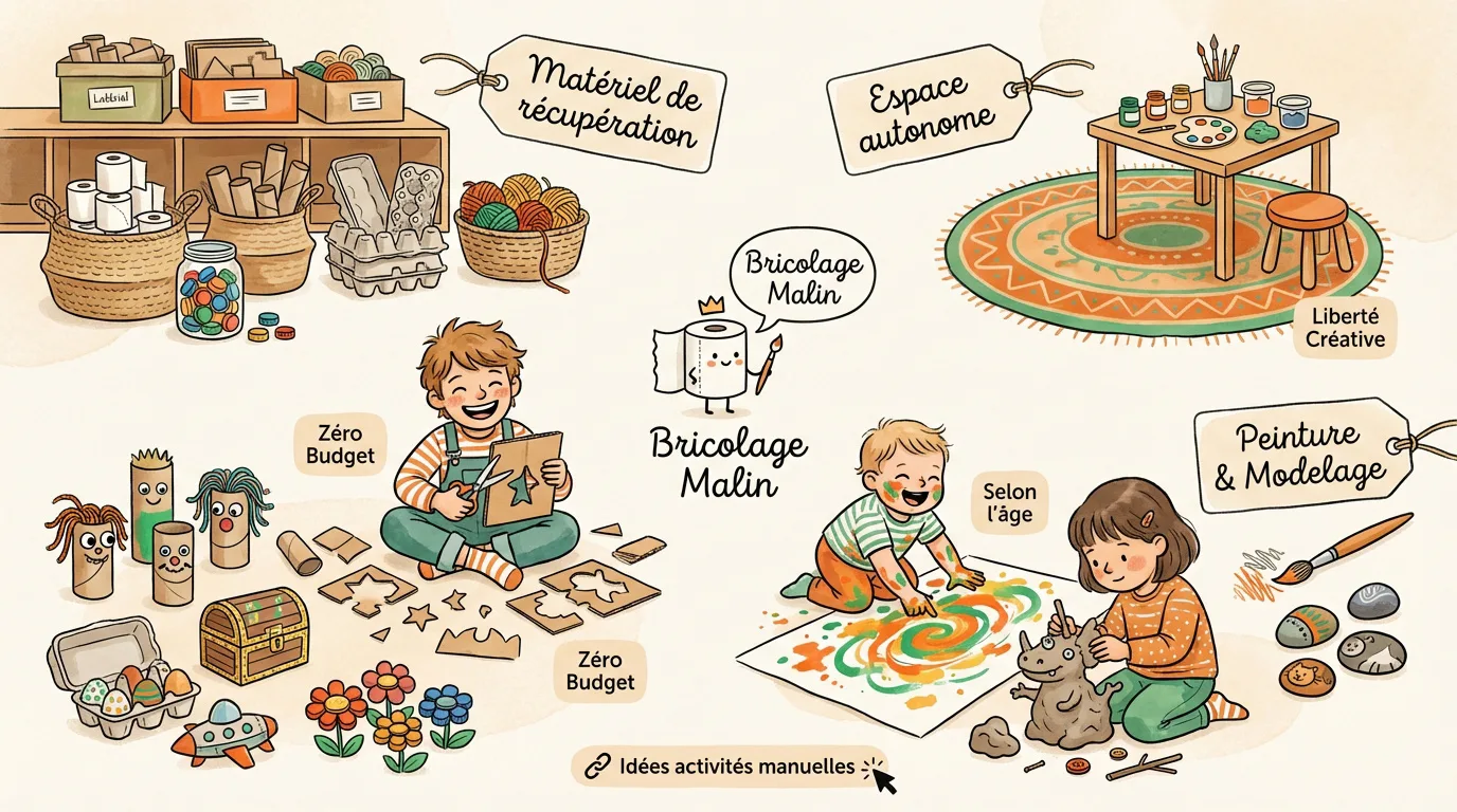 Illustration d'enfants souriants pratiquant des activités manuelles : bricolage avec recyclage, peinture et modelage. Matériel et espaces dédiés.