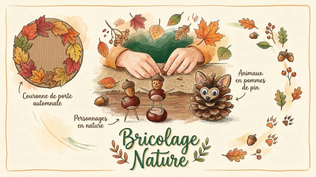 Enfants fabriquant des personnages avec des marrons et des glands sur une table en bois