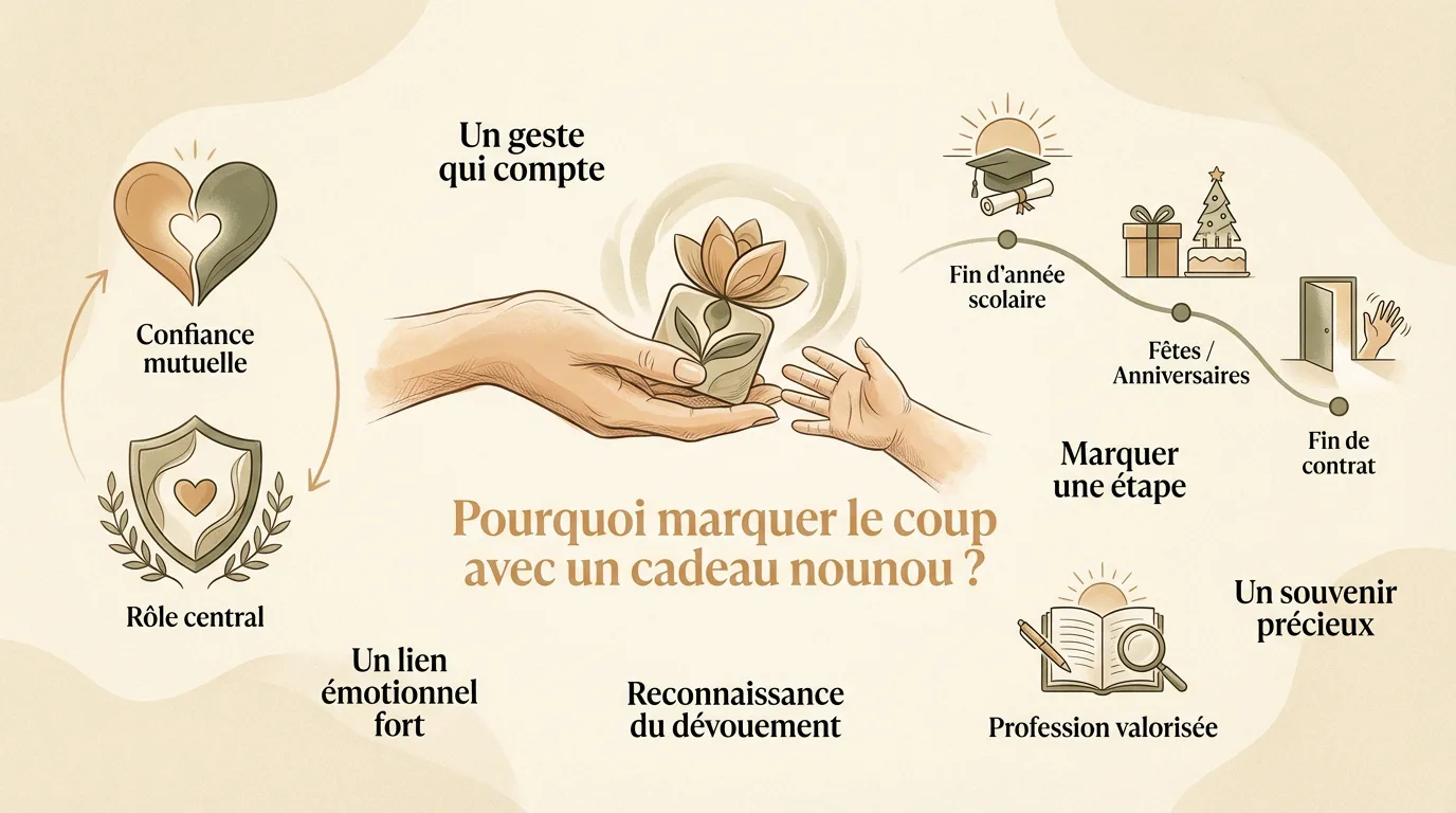 Infographie expliquant pourquoi offrir un cadeau à une nounou, avec des illustrations de confiance, de don et d'étapes clés.