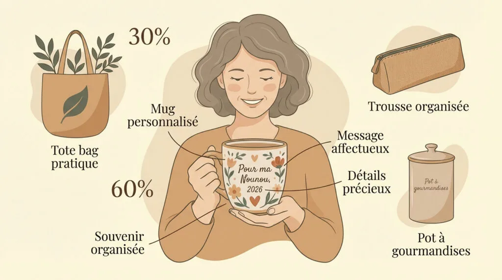 Sélection de cadeaux personnalisés pour nounou avec un mug et un sac en tissu