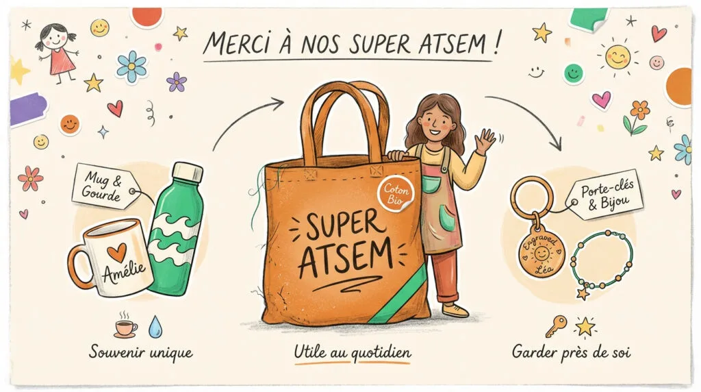 Sélection de cadeaux personnalisés pour remercier une ATSEM en fin d'année scolaire