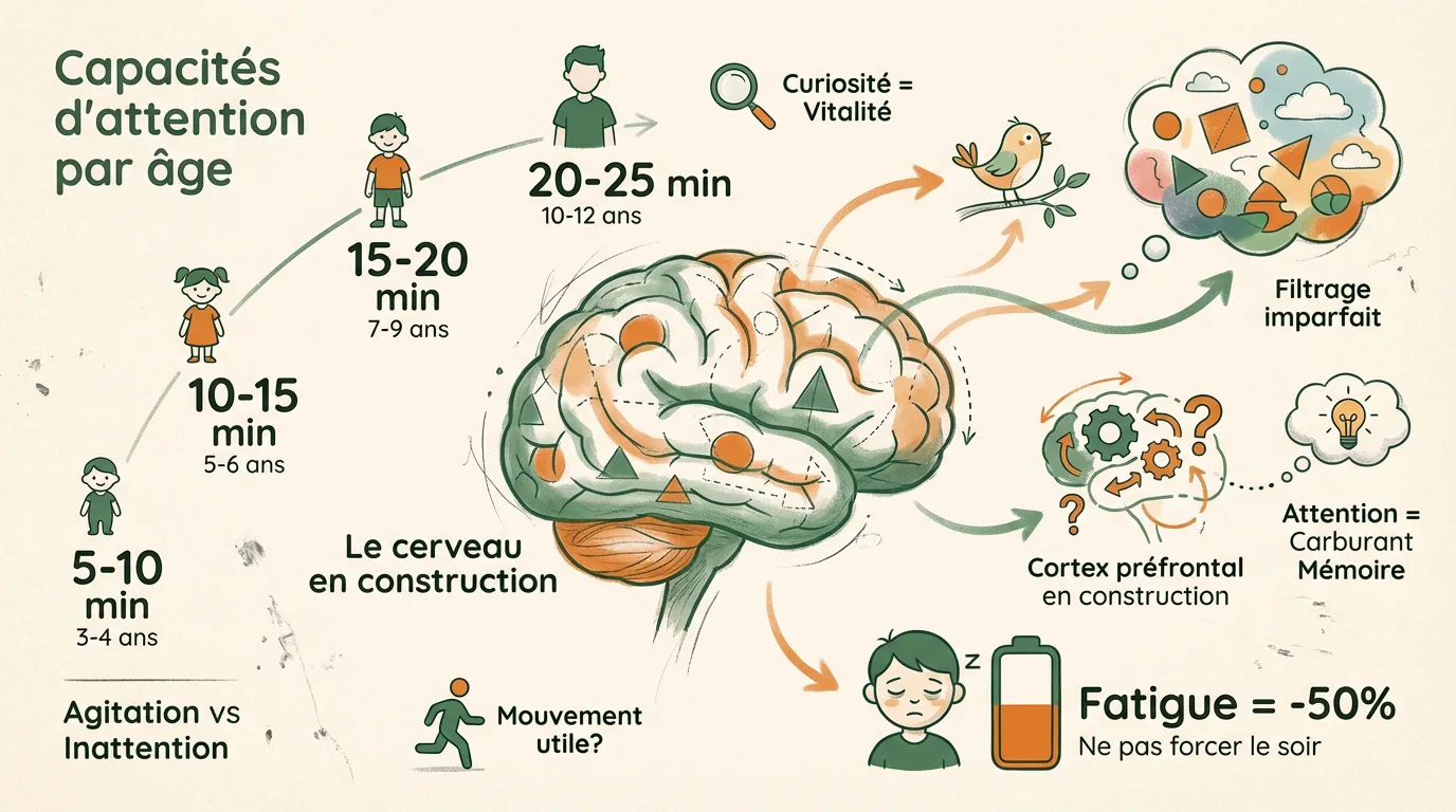 Infographie illustrant les capacités d'attention des enfants selon l'âge et les facteurs influençant la concentration.