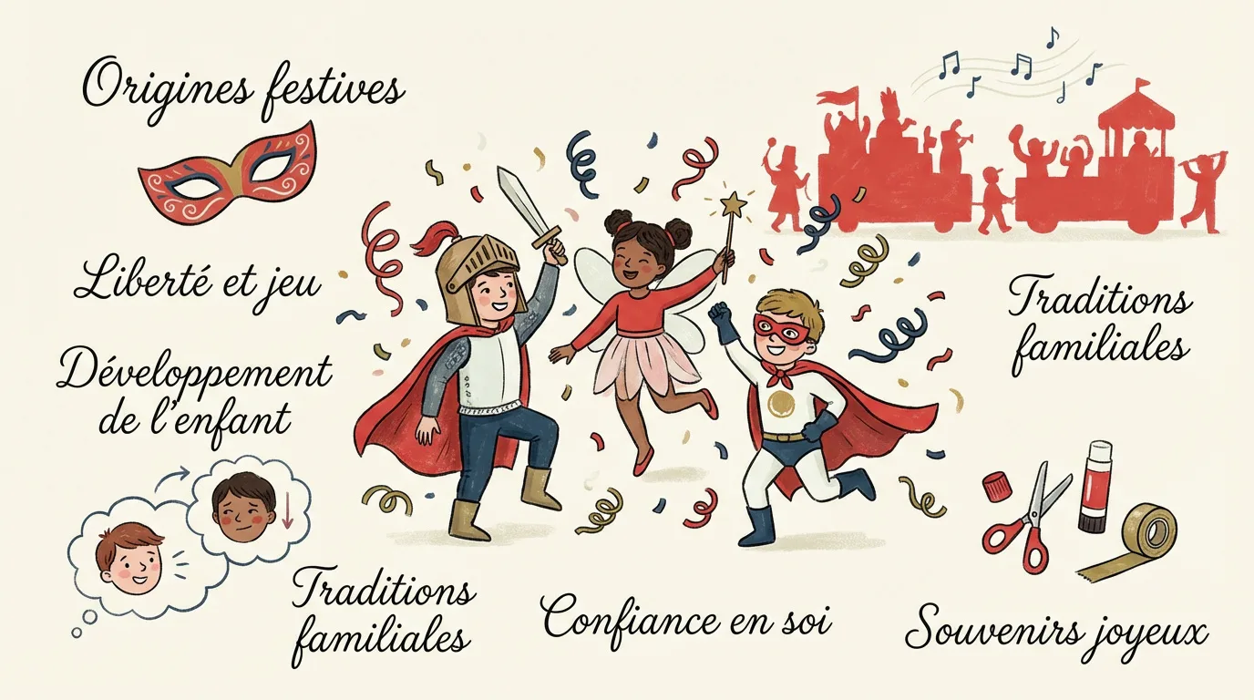 Illustration colorée montrant des enfants déguisés (chevalier, fée, super-héros) célébrant le Carnaval, avec des mots-clés sur ses bienfaits.