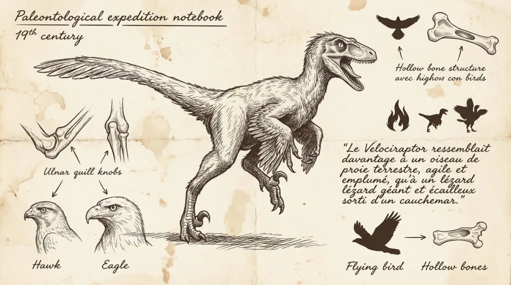 Représentation scientifique d'un vélociraptor avec des plumes sur tout le corps