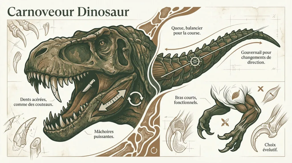 Anatomie détaillée d'un dinosaure carnivore montrant ses dents acérées et sa structure osseuse puissante