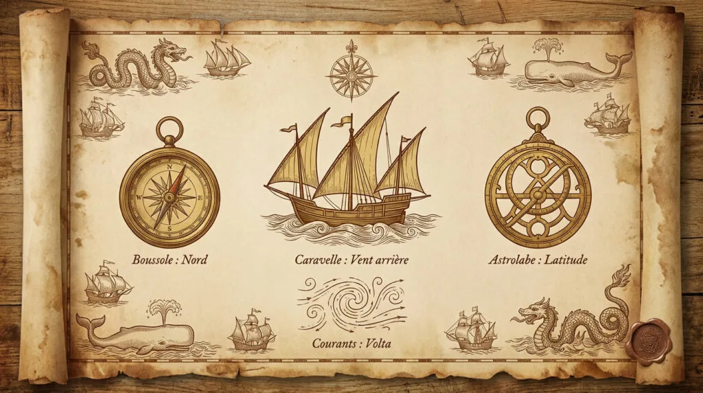 Ancienne carte maritime montrant les routes des explorateurs et des instruments de navigation