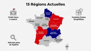 Carte de France montrant les 13 régions administratives actuelles, nommées et colorées en rouge, bleu ou gris, avec la Corse.