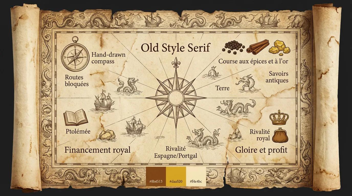 Parchemin ancien détaillé sur les motivations et défis des Grandes Découvertes, avec boussole et symboles thématiques.