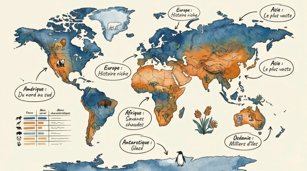Carte du monde colorée montrant les six continents et leurs caractéristiques géographiques pour enfants
