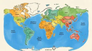 Carte du monde colorée pour enfants avec les continents, océans et illustrations de monuments ou animaux emblématiques.
