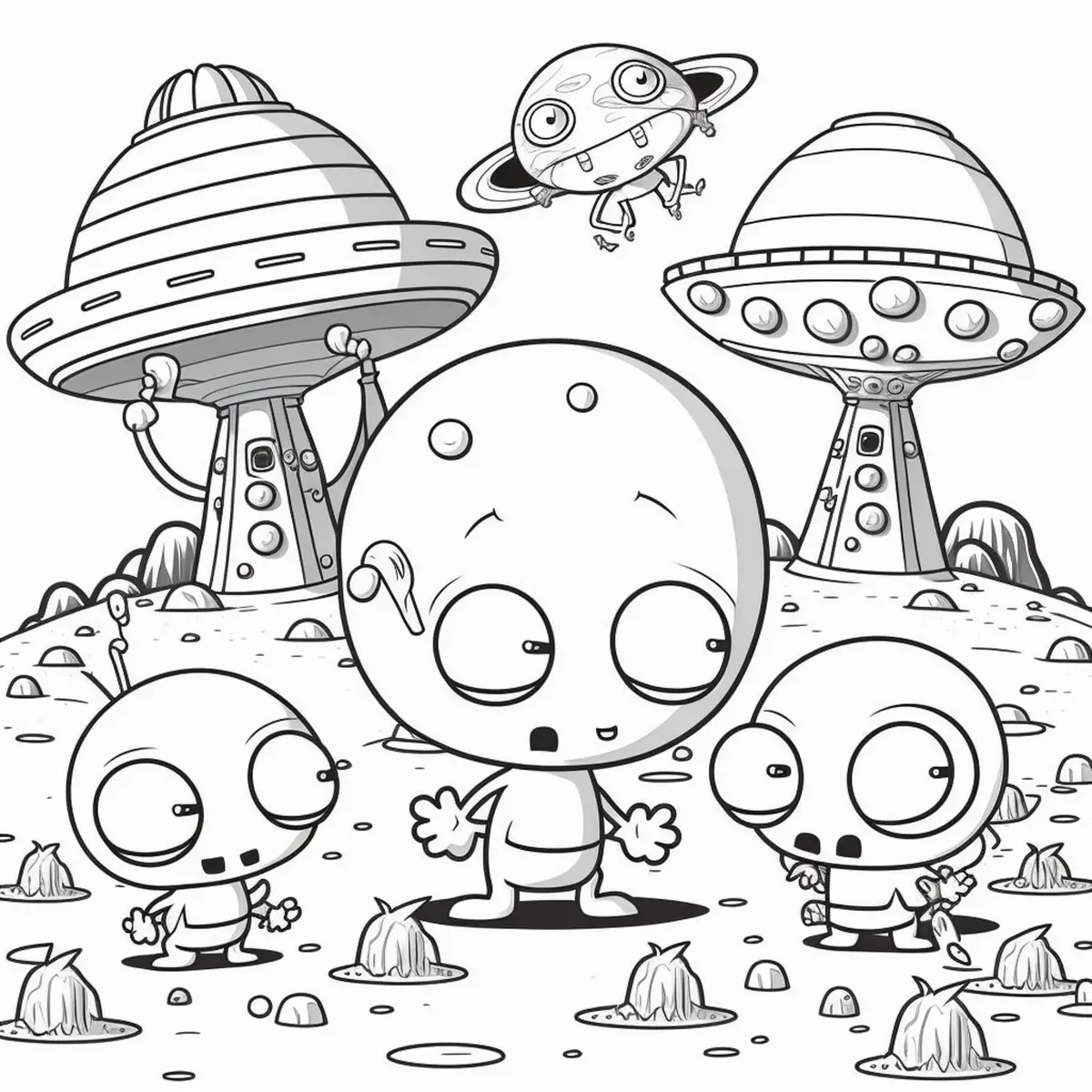 Coloriage famille aliens et soucoupes volantes à imprimer