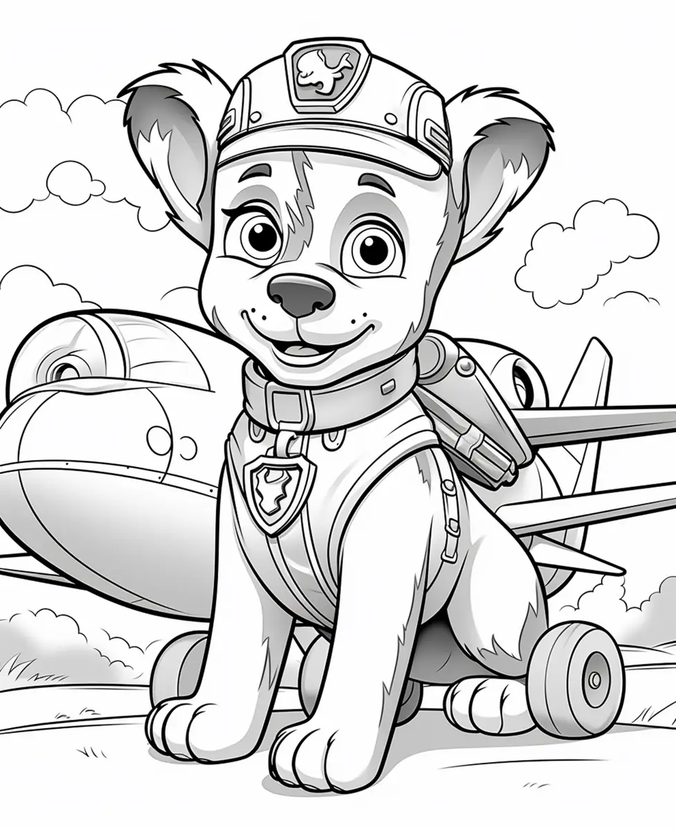 Coloriage chien pilote devant avion style Stella à imprimer
