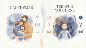 Illustration comparant cauchemars (enfant rassuré par parents) et terreurs nocturnes (enfant effrayé par des ombres).