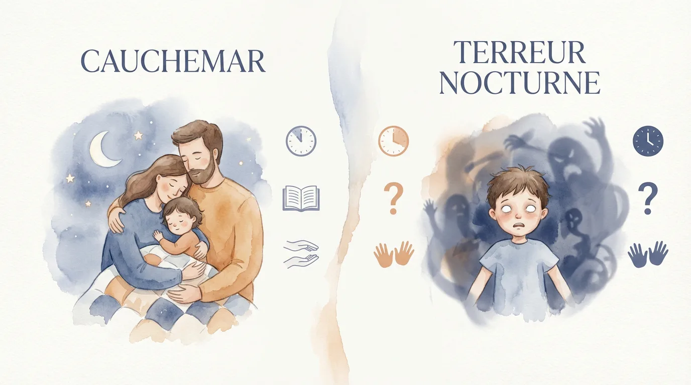 Illustration comparant cauchemars (enfant rassuré par parents) et terreurs nocturnes (enfant effrayé par des ombres).
