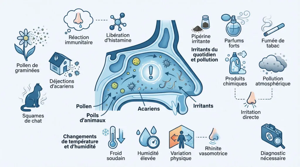 Infographie expliquant les différentes causes des éternuements répétitifs