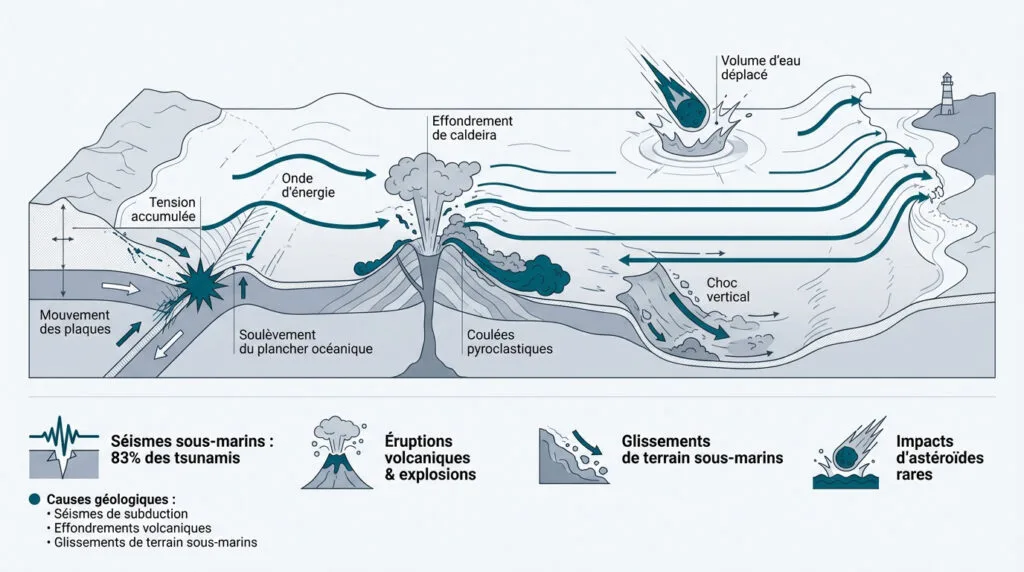 Schéma expliquant la formation et la propagation d'un tsunami suite à un séisme sous-marin