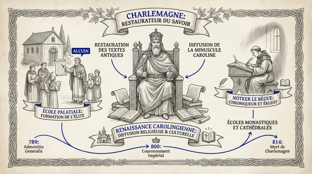 Portrait de l'empereur Charlemagne entouré de savants et de manuscrits carolingiens