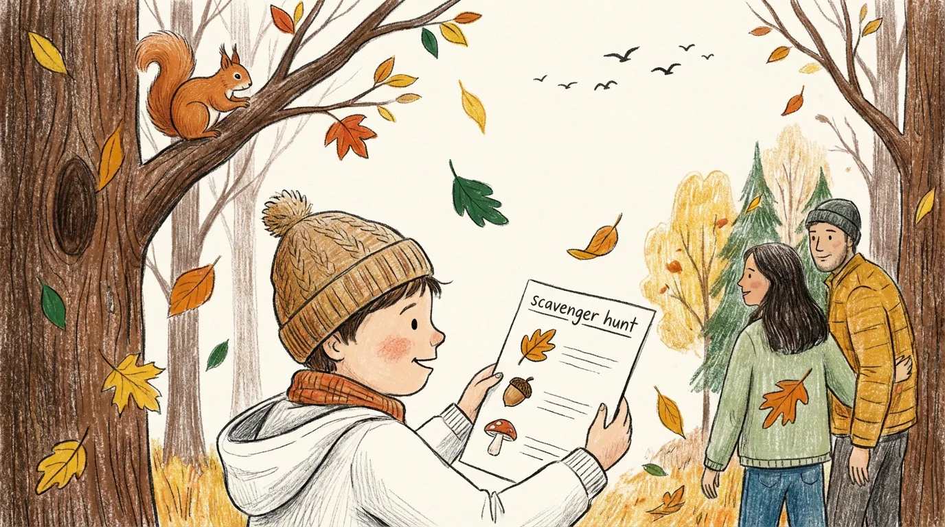 Illustration d'un enfant heureux avec une liste de chasse au trésor en forêt d'automne, avec un couple et un écureuil.