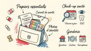 Illustration des essentiels pour la rentrée scolaire : documents administratifs, suivi santé (vaccins, PAI), et inscriptions aux services (garderie, cantine).