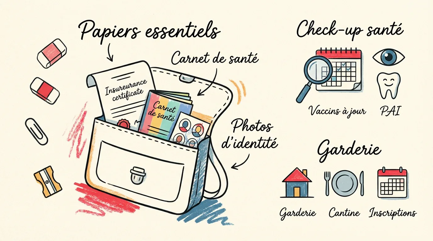 Illustration des essentiels pour la rentrée scolaire : documents administratifs, suivi santé (vaccins, PAI), et inscriptions aux services (garderie, cantine).