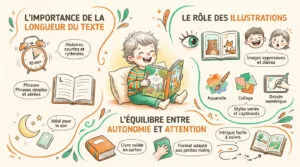 Infographie illustrée présentant les critères pour choisir des livres pour enfants de 3 à 5 ans : longueur du texte, rôle des illustrations, et équilibre autonomie-attention. Un enfant sourit en lisant au centre.