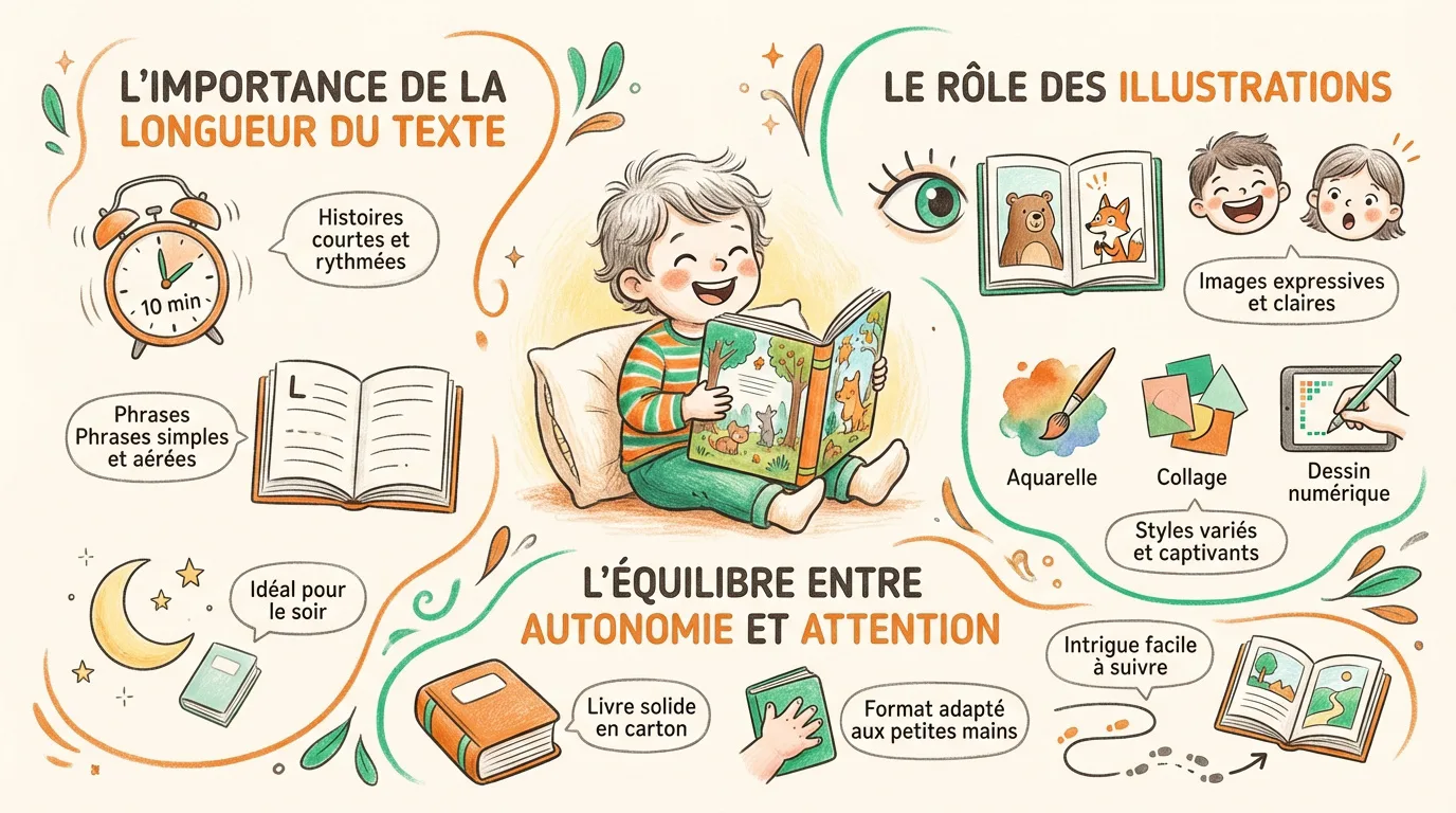 Infographie illustrée présentant les critères pour choisir des livres pour enfants de 3 à 5 ans : longueur du texte, rôle des illustrations, et équilibre autonomie-attention. Un enfant sourit en lisant au centre.