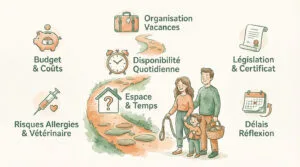 Illustration listant les facteurs à considérer avant l'adoption d'un animal : budget, temps, espace, allergies, vacances, législation et délai de réflexion. Une famille est présente.