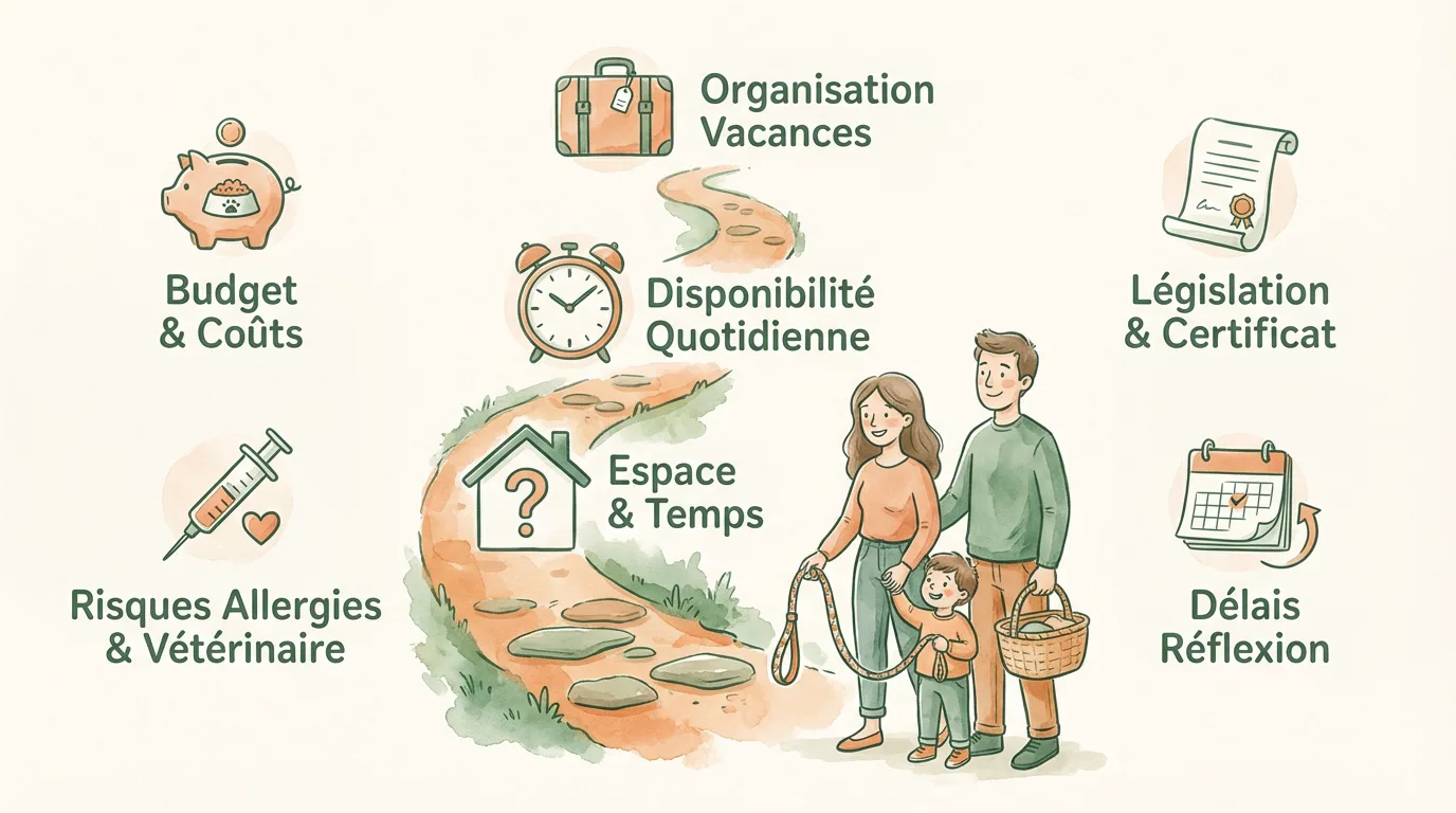 Illustration listant les facteurs à considérer avant l'adoption d'un animal : budget, temps, espace, allergies, vacances, législation et délai de réflexion. Une famille est présente.
