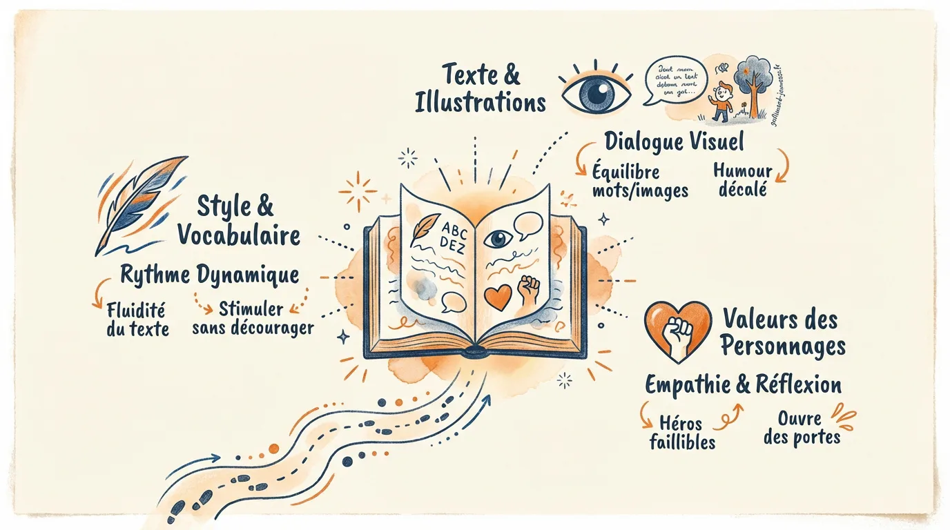 Infographie sur les critères des livres jeunesse pour 8-10 ans: style, illustrations, valeurs des personnages, rythme, empathie.
