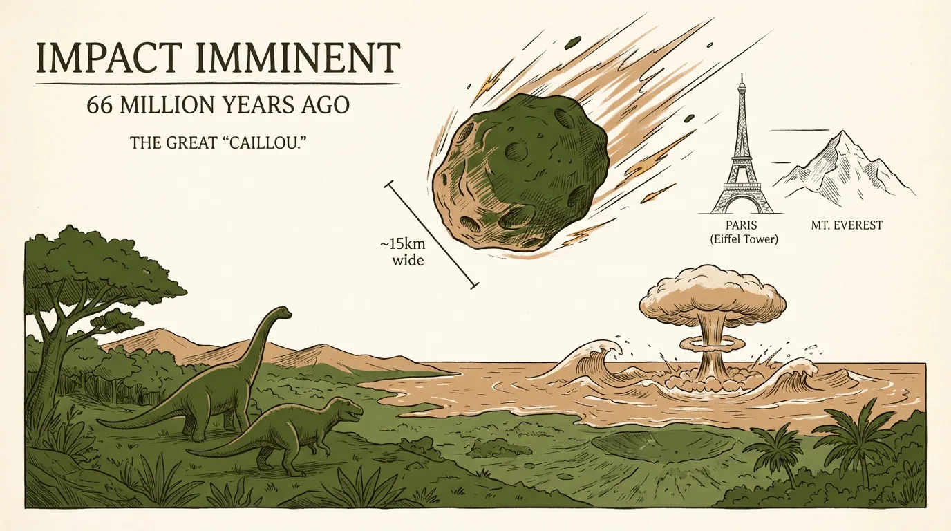 Illustration colorée d'un astéroïde de 15 km s'écrasant sur Terre, provoquant un champignon atomique et des tsunamis. Des dinosaures observent l'apocalypse.